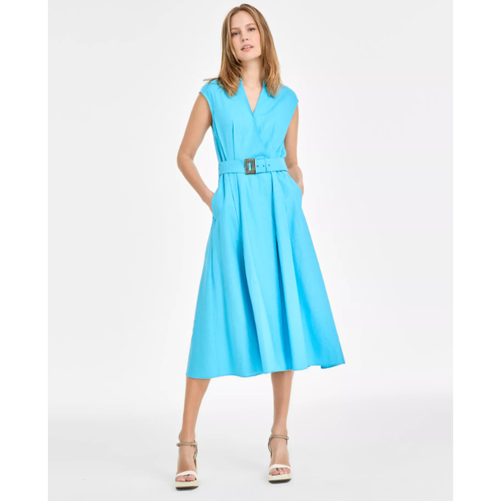 KARL LAGERFELD PARIS Women's Belted V-Neck Midi Dress Blue Size 10 17287